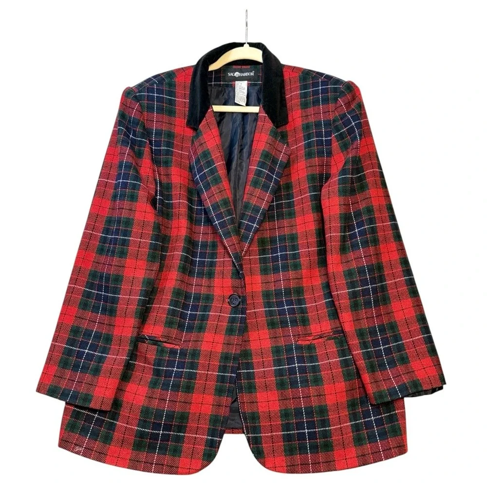 Womens Vintage Tartan Plaid Blazer 16 Red Wool Velvet Collar Sag Harbor Classic